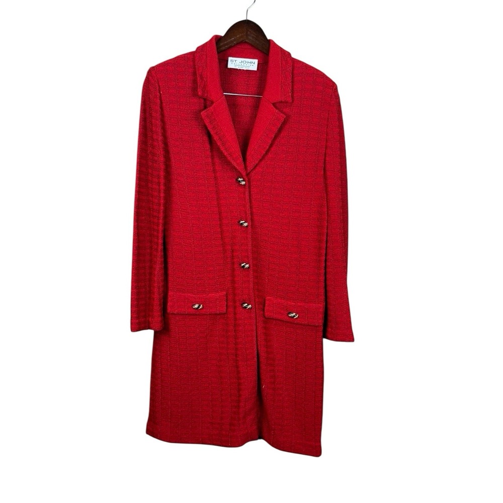 St. John Collection Red Block Knit Front‎ Button Coat Black Gold Button Detail